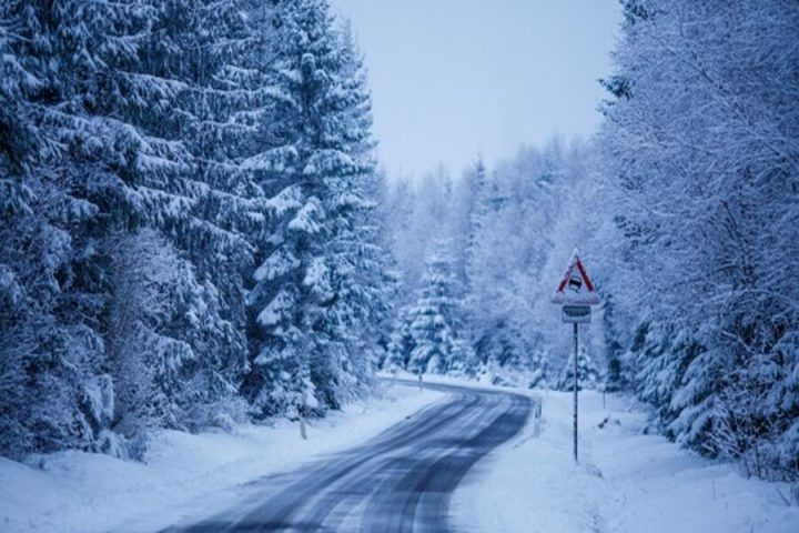 мороз, дорога в гололед, лес, снег